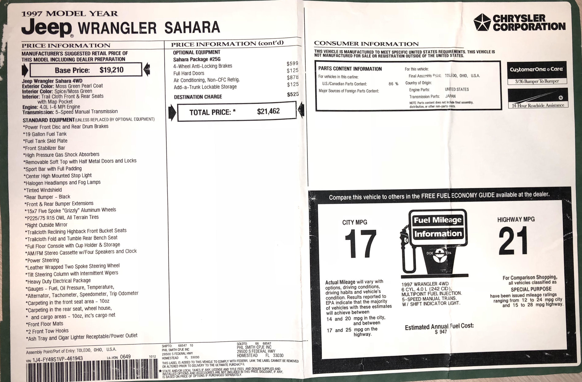 Pricing Difference (1997 Window Sticker) | Jeep Wrangler Forums (JL / JLU)  - Rubicon, Sahara, Sport, 4xe, 392 