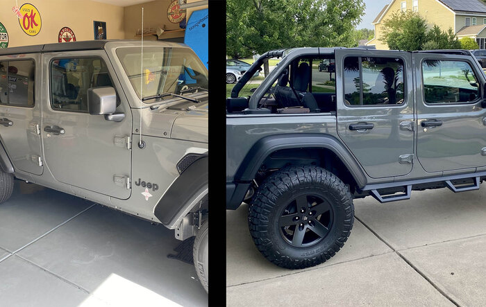 Stock to Rock in less than a week !  Factory half doors and spare tire delete kit and f!!  Completely pumped !! So much fun !